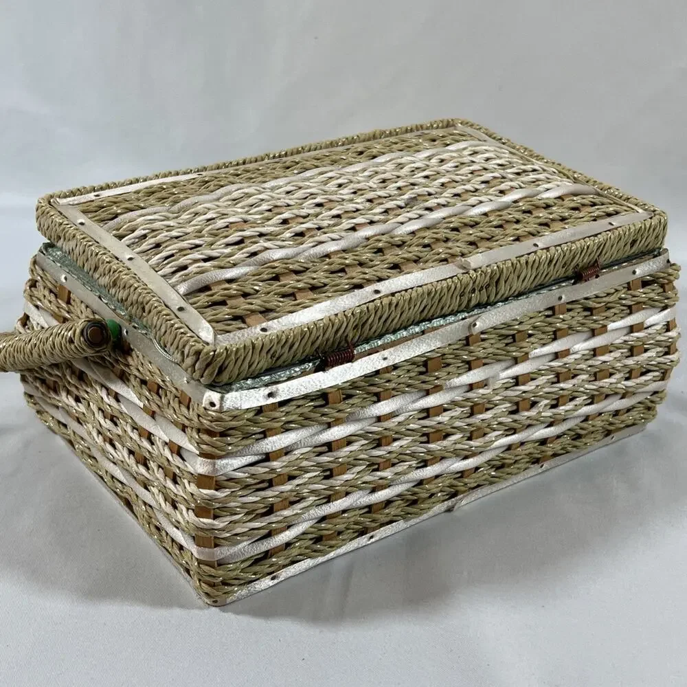 Vintage Woven Straw Wicker Sewing Basket Box Handle Satin Lining Rectangle